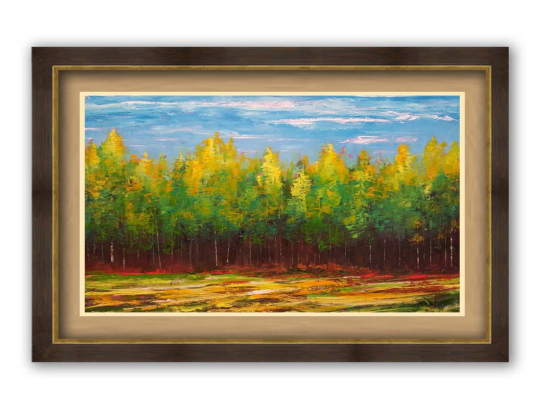 A painting of a grove of bright green birch trees along the horizon. Printed on paper, matted, and framed.