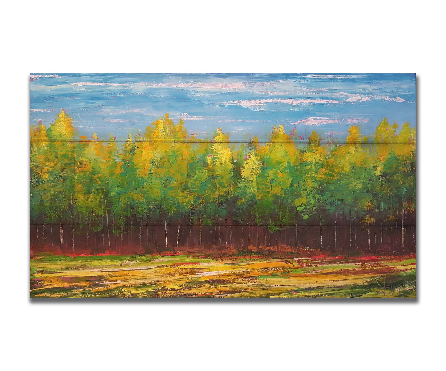 A painting of a grove of bright green birch trees along the horizon. Printed on a box board.