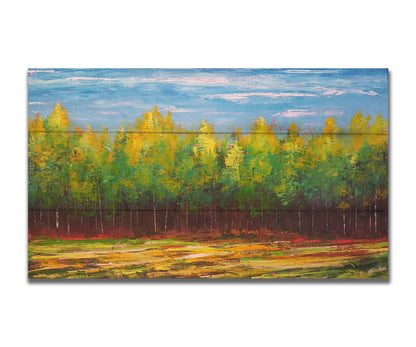 A painting of a grove of bright green birch trees along the horizon. Printed on a box board.