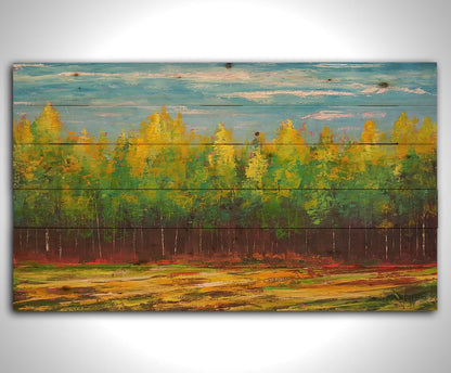 A painting of a grove of bright green birch trees along the horizon.Printed on a wood pallet.