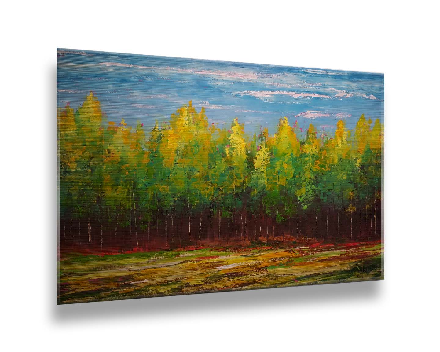 A painting of a grove of bright green birch trees along the horizon. Printed on metal.