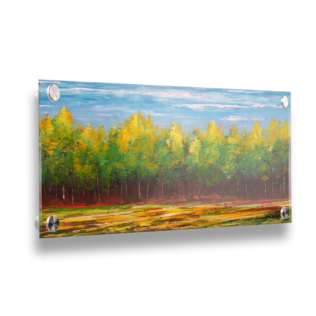 A painting of a grove of bright green birch trees along the horizon. Printed on acrylic.