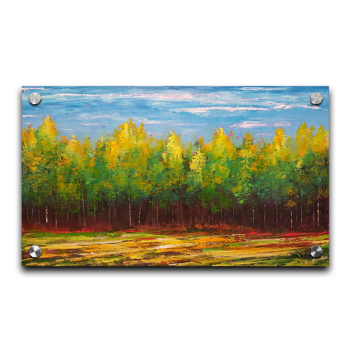 A painting of a grove of bright green birch trees along the horizon. Printed on acrylic.