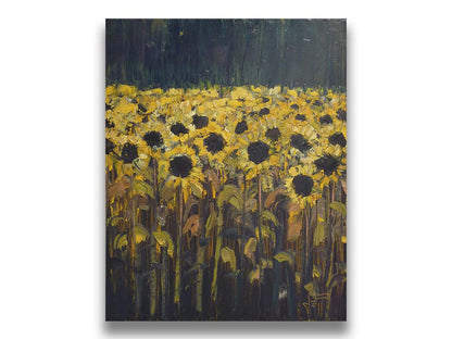 A painting of sunflowers against a dark background. The desaturated palette invokes the feeling of the moment before a storm. Printed on canvas.