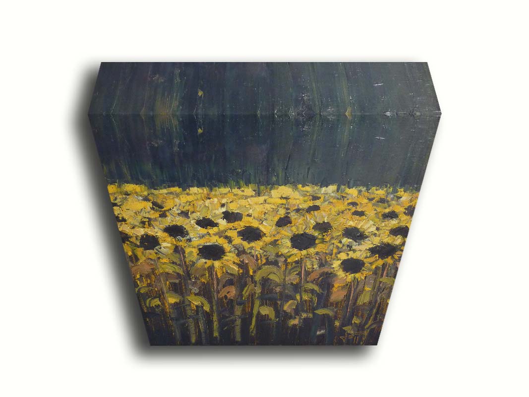 A painting of sunflowers against a dark background. The desaturated palette invokes the feeling of the moment before a storm. Printed on canvas.