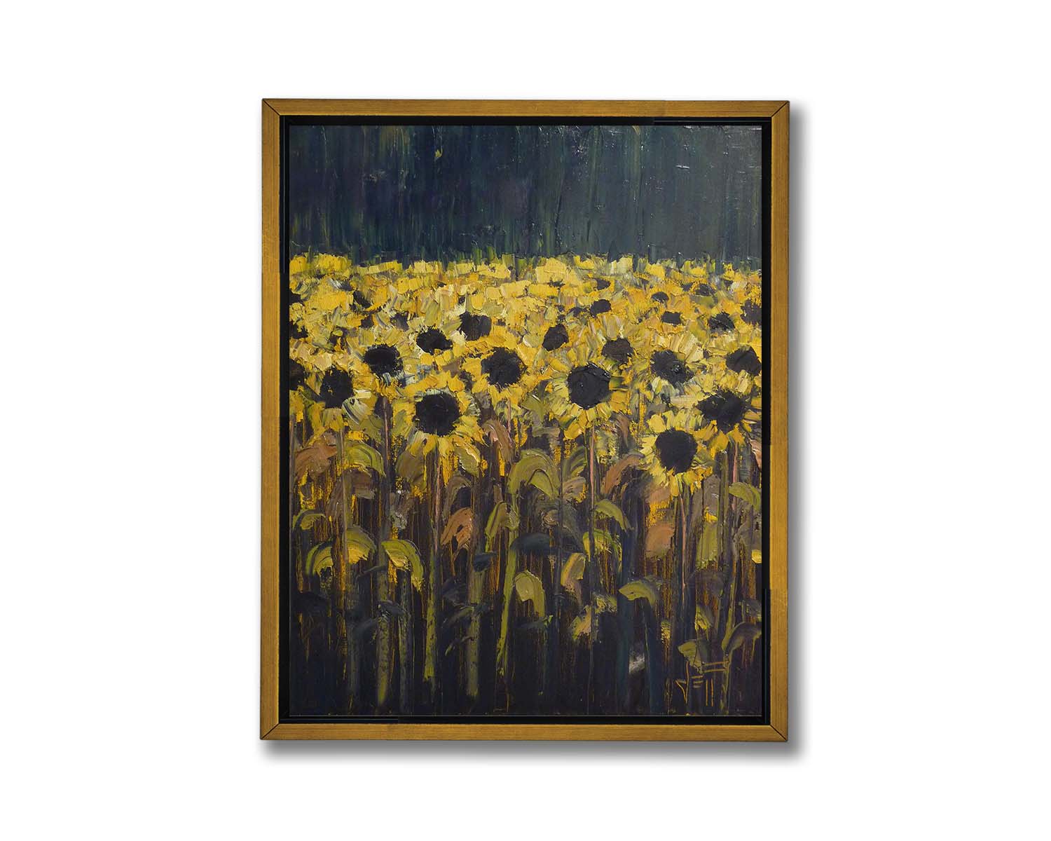 A painting of sunflowers against a dark background. The desaturated palette invokes the feeling of the moment before a storm. Printed on canvas in a float frame.