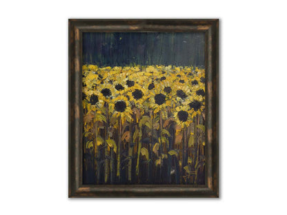 A painting of sunflowers against a dark background. The desaturated palette invokes the feeling of the moment before a storm. Printed on canvas and framed.