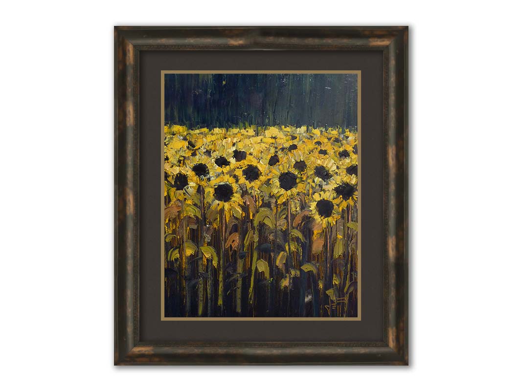 A painting of sunflowers against a dark background. The desaturated palette invokes the feeling of the moment before a storm. Printed on paper, matted, and framed.