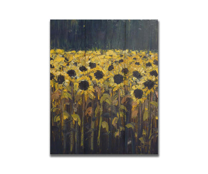 A painting of sunflowers against a dark background. The desaturated palette invokes the feeling of the moment before a storm. Printed on a box board.