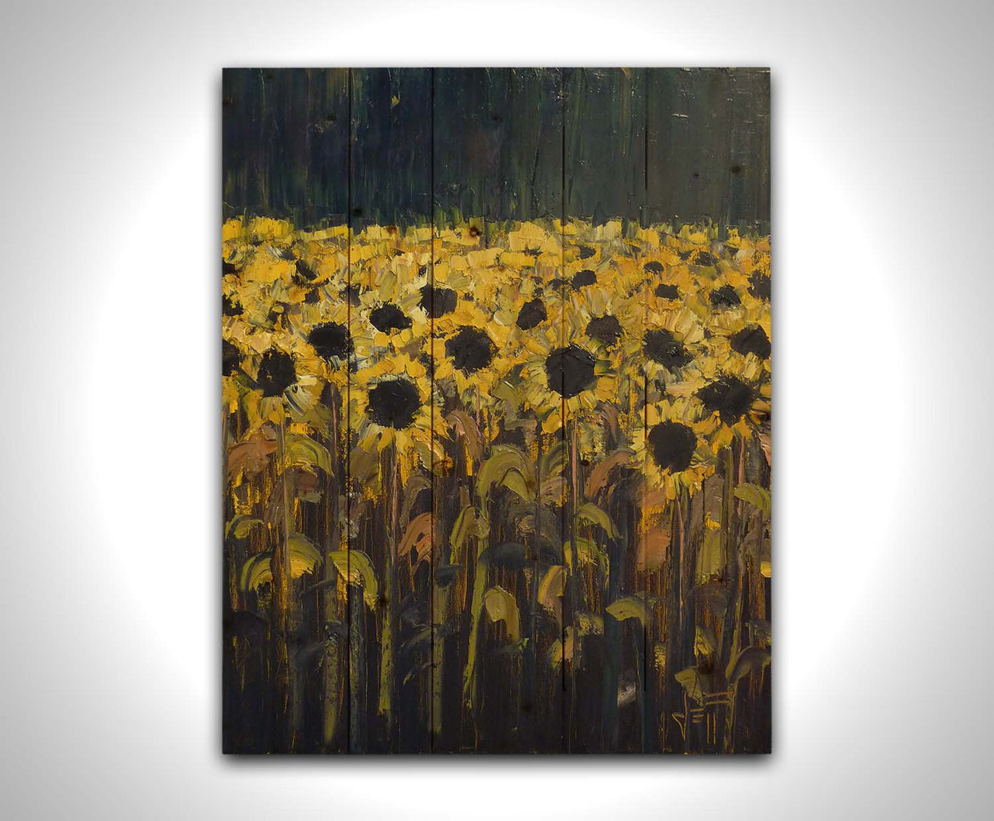 A painting of sunflowers against a dark background. The desaturated palette invokes the feeling of the moment before a storm. Printed on metal.