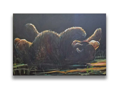 A painting of a bear rolling onto its back, with a dark background. Printed on canvas.