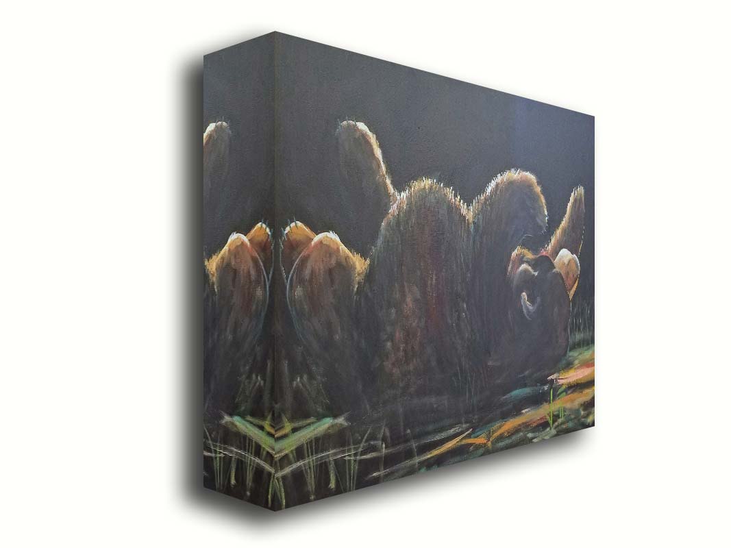 A painting of a bear rolling onto its back, with a dark background. Printed on canvas.