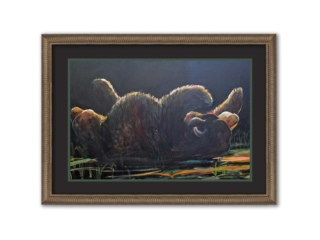 A painting of a bear rolling onto its back, with a dark background. Printed on paper, matted, and framed.