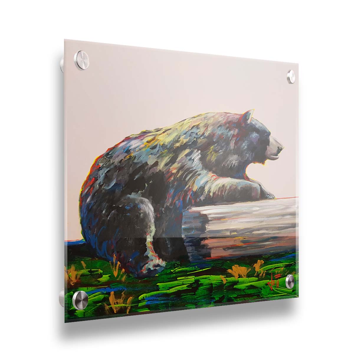 A painting of a bear accented with red, yellow, and blue sitting against a log on bright green grass with a pale pink background. Printed on acrylic.