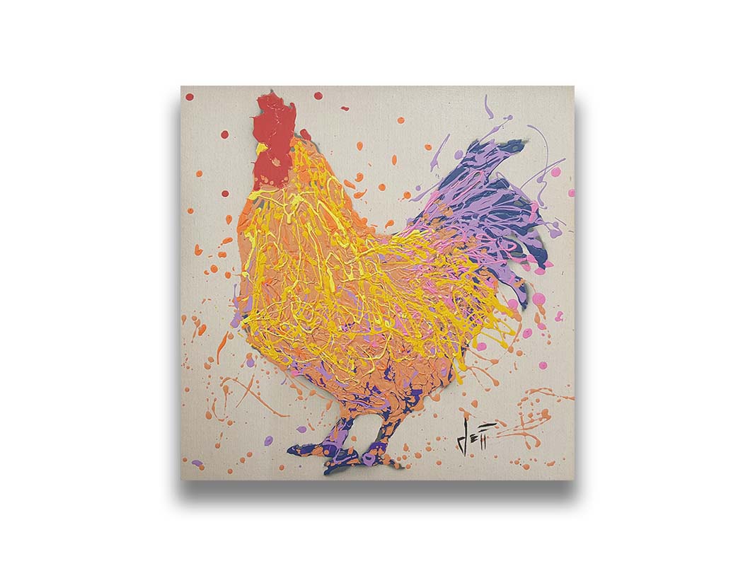 A drip painting of a yellow and orange rooster on a white background, accented with purple, blue, and red. Printed on canvas.