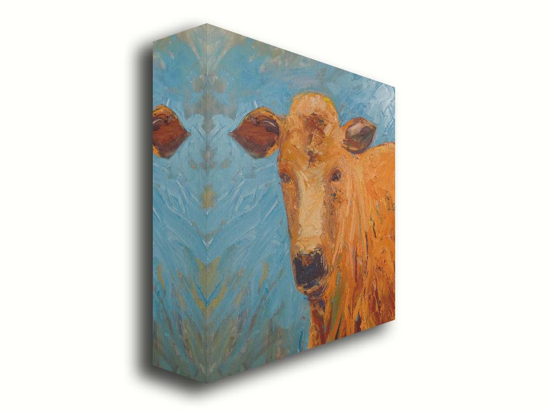 An expressive painting of an orange-brown cow's face against a blue background. Printed on canvas.