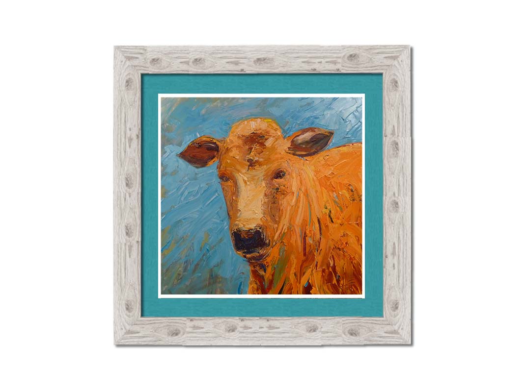 An expressive painting of an orange-brown cow's face against a blue background. Printed on paper, matted, and framed.