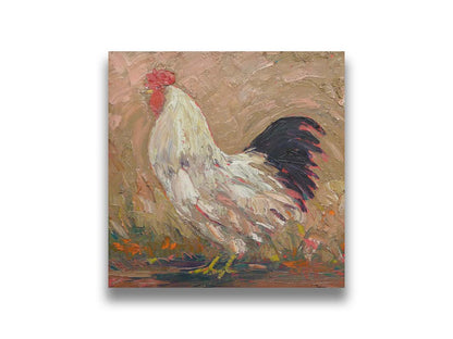 An expressive painting of a rooster against a tan background. Printed on canvas.