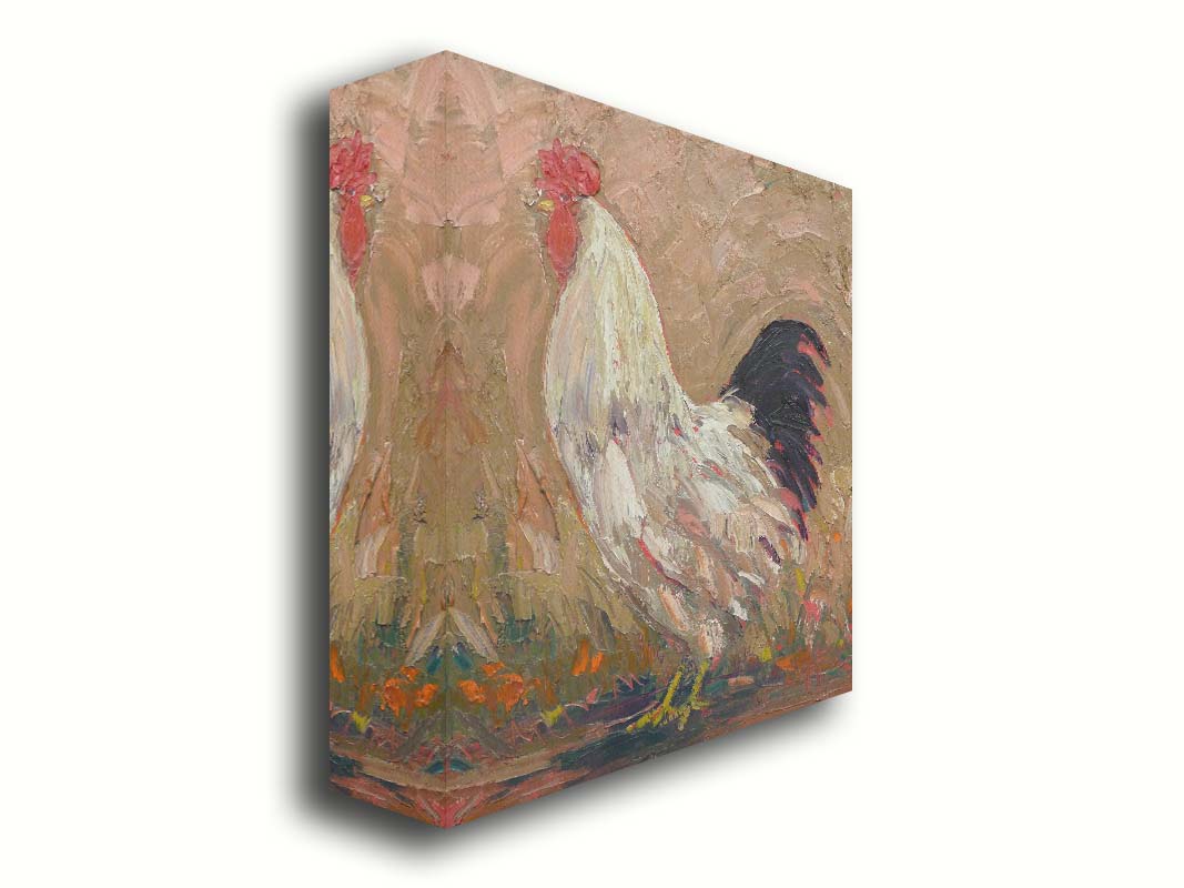 An expressive painting of a rooster against a tan background. Printed on canvas.