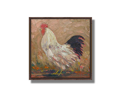 An expressive painting of a rooster against a tan background. Printed on canvas in a float frame.