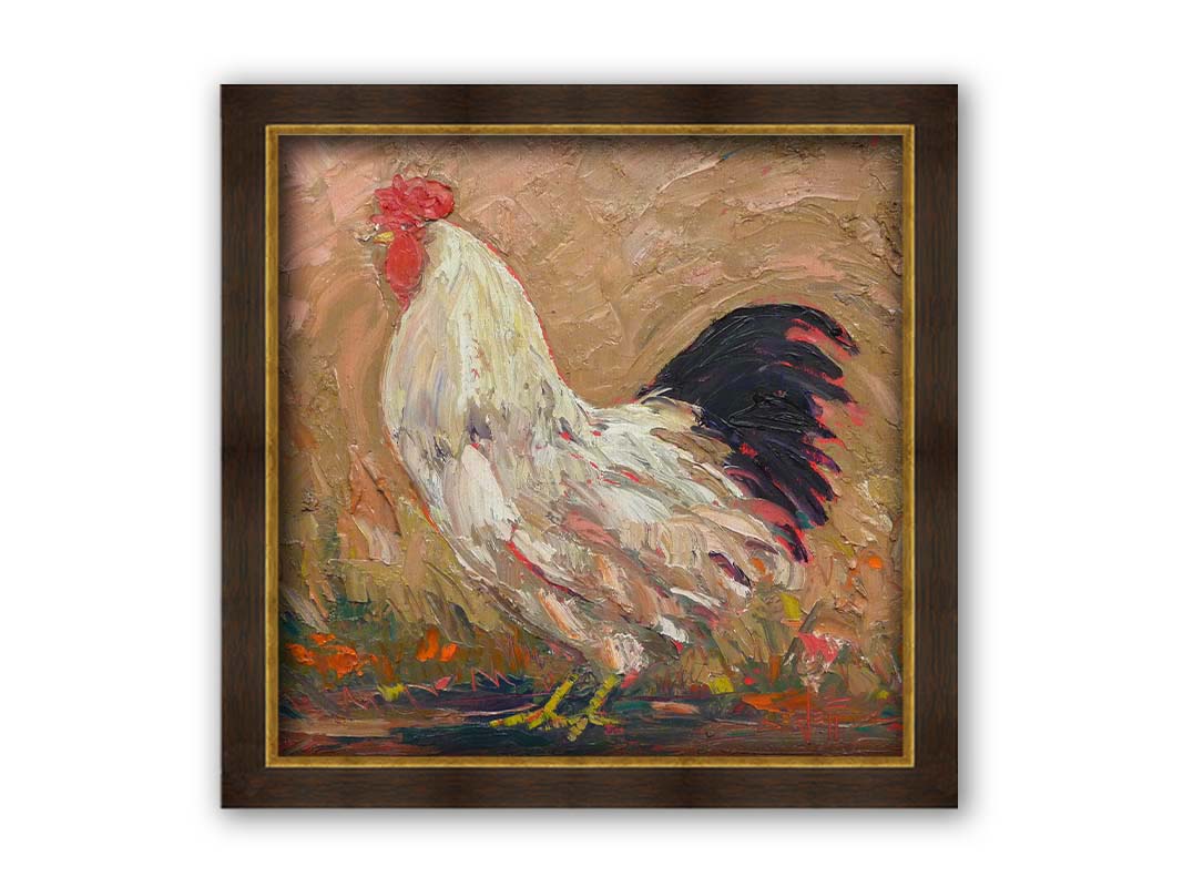 An expressive painting of a rooster against a tan background. Printed on canvas and framed.