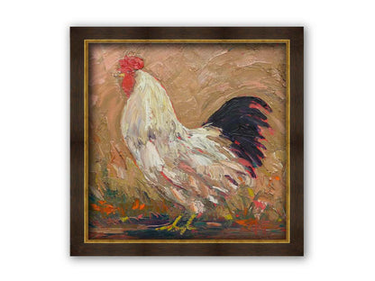 An expressive painting of a rooster against a tan background. Printed on canvas and framed.