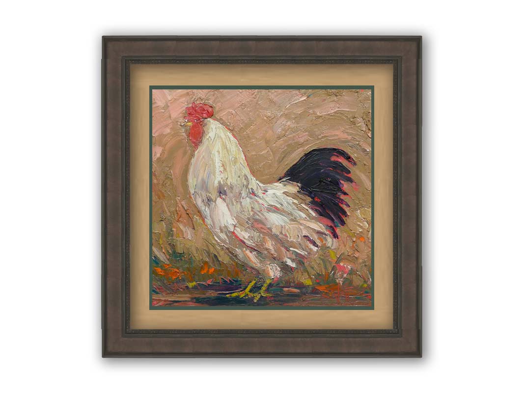 An expressive painting of a rooster against a tan background. Printed on paper, matted, and framed.