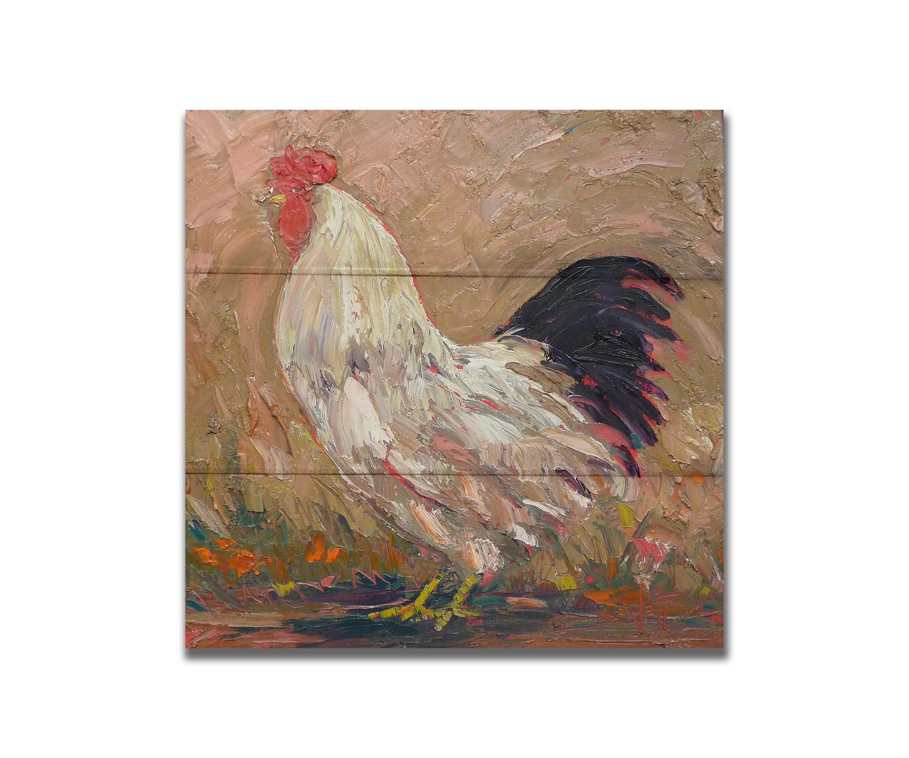 An expressive painting of a rooster against a tan background. Printed on a box board.