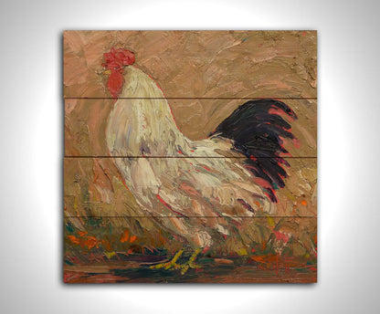 An expressive painting of a rooster against a tan background. Printed on a wood pallet.