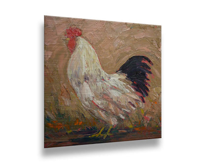 An expressive painting of a rooster against a tan background. Printed on metal.