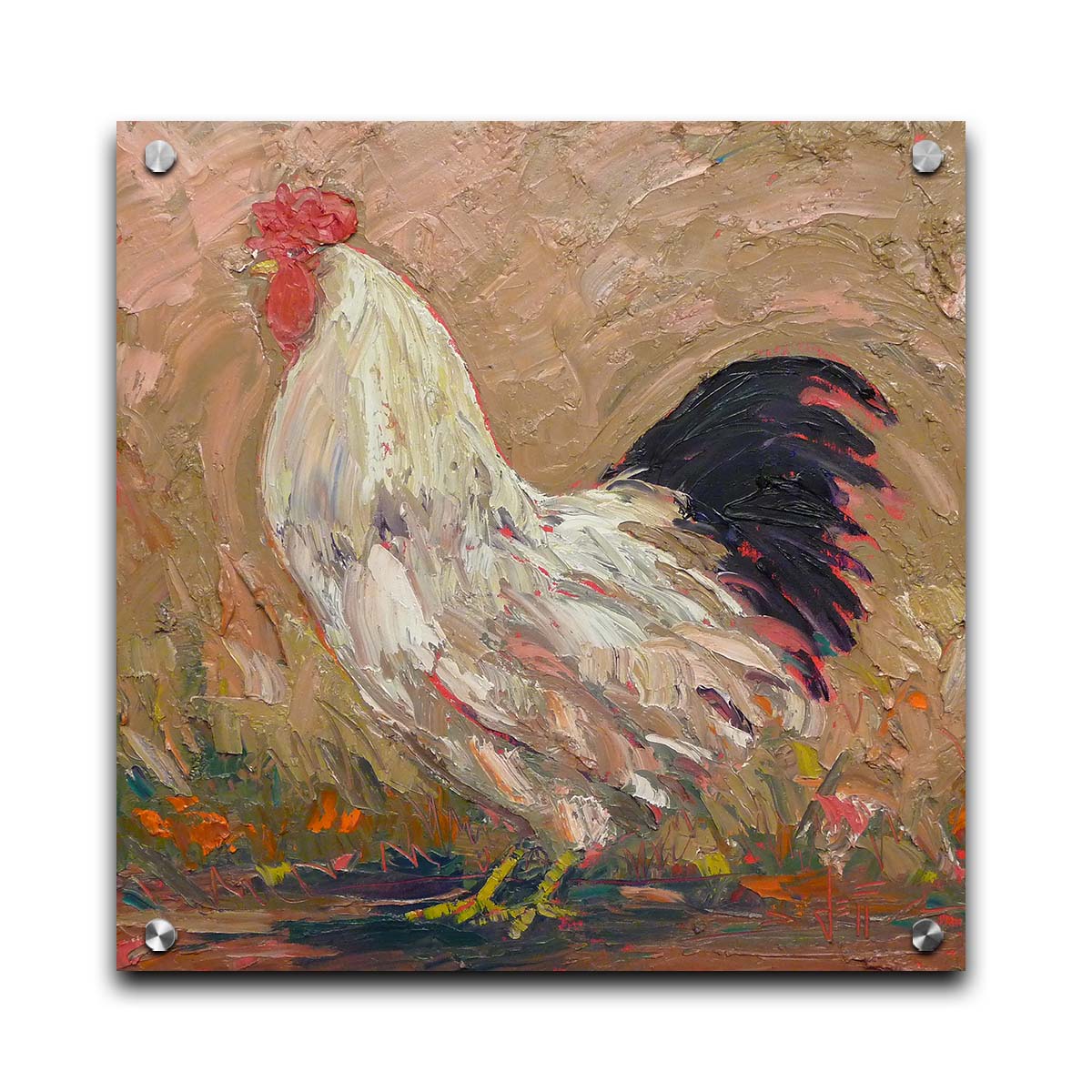 An expressive painting of a rooster against a tan background. Printed on acrylic.