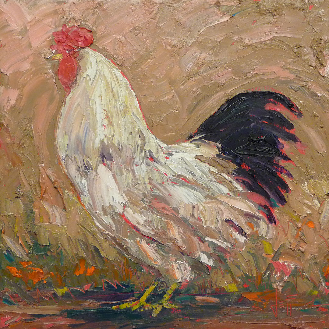 An expressive painting of a rooster against a tan background.