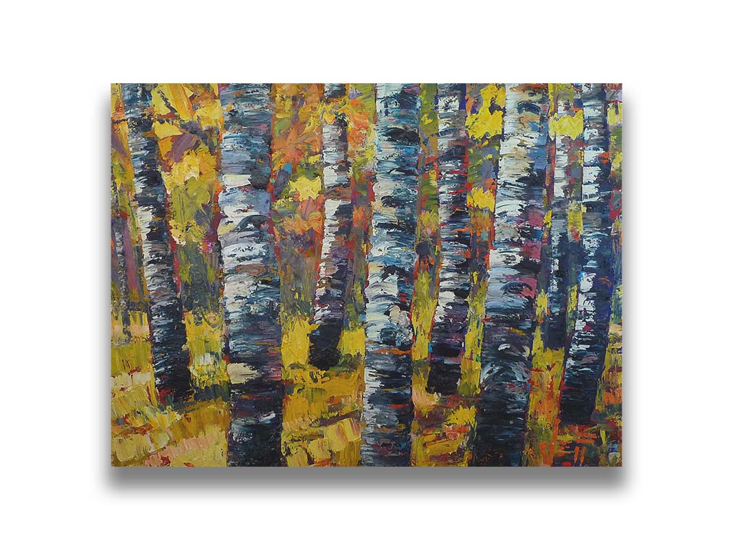 An expressive painting of a green birch forest accented with red and painted in large, blocky brushstrokes. Printed on canvas.