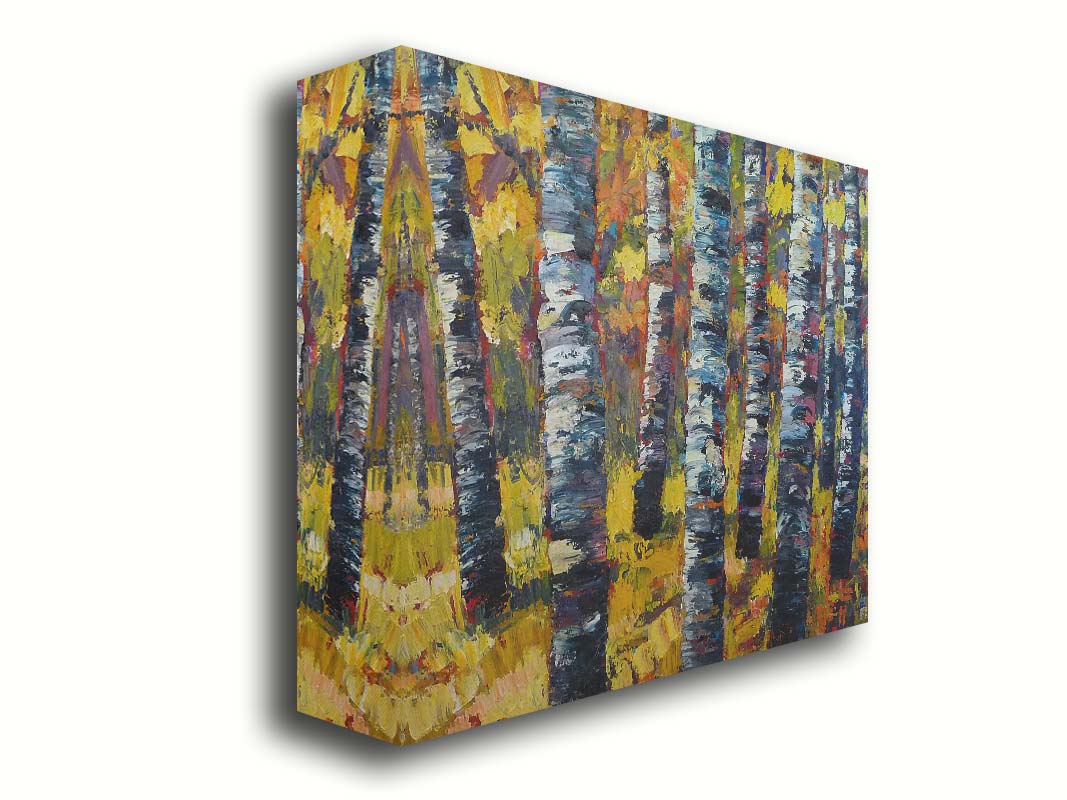 An expressive painting of a green birch forest accented with red and painted in large, blocky brushstrokes. Printed on canvas.