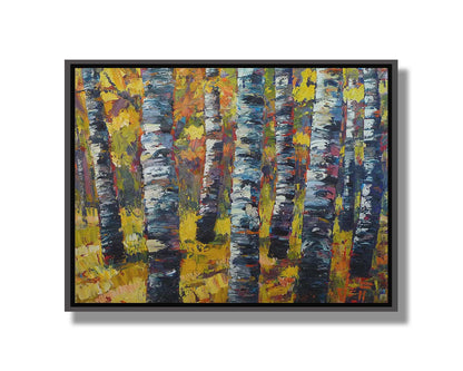 An expressive painting of a green birch forest accented with red and painted in large, blocky brushstrokes. Printed on canvas and float framed.