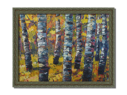 An expressive painting of a green birch forest accented with red and painted in large, blocky brushstrokes. Printed on canvas and framed.