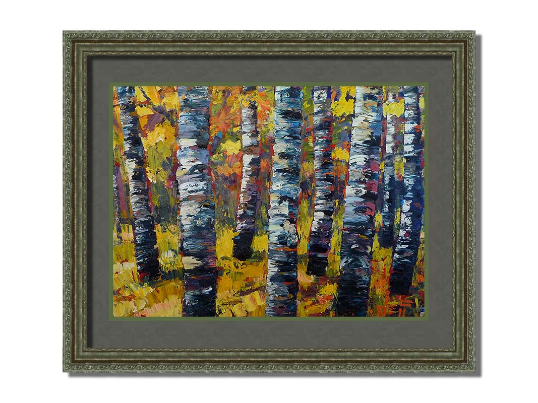 An expressive painting of a green birch forest accented with red and painted in large, blocky brushstrokes. Printed on paper, matted, and framed.