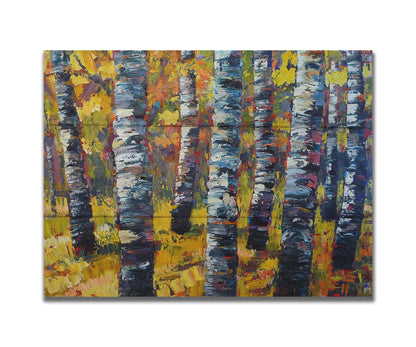 An expressive painting of a green birch forest accented with red and painted in large, blocky brushstrokes. Printed on a boc board.