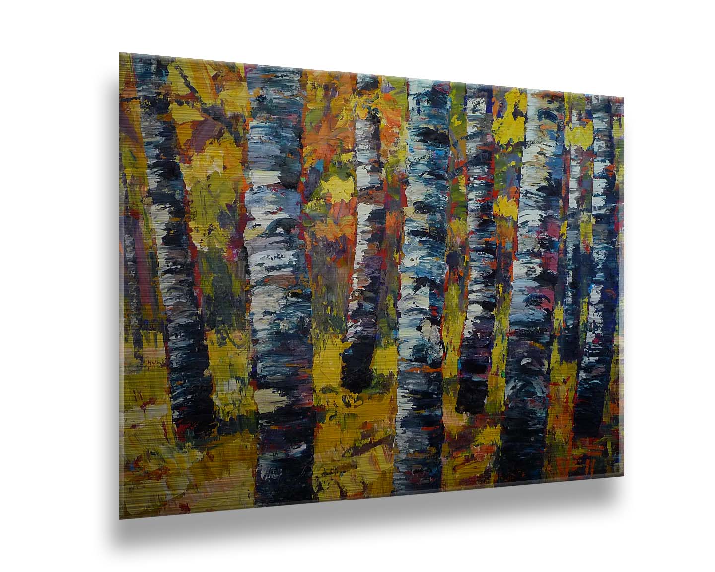 An expressive painting of a green birch forest accented with red and painted in large, blocky brushstrokes. Printed on metal.