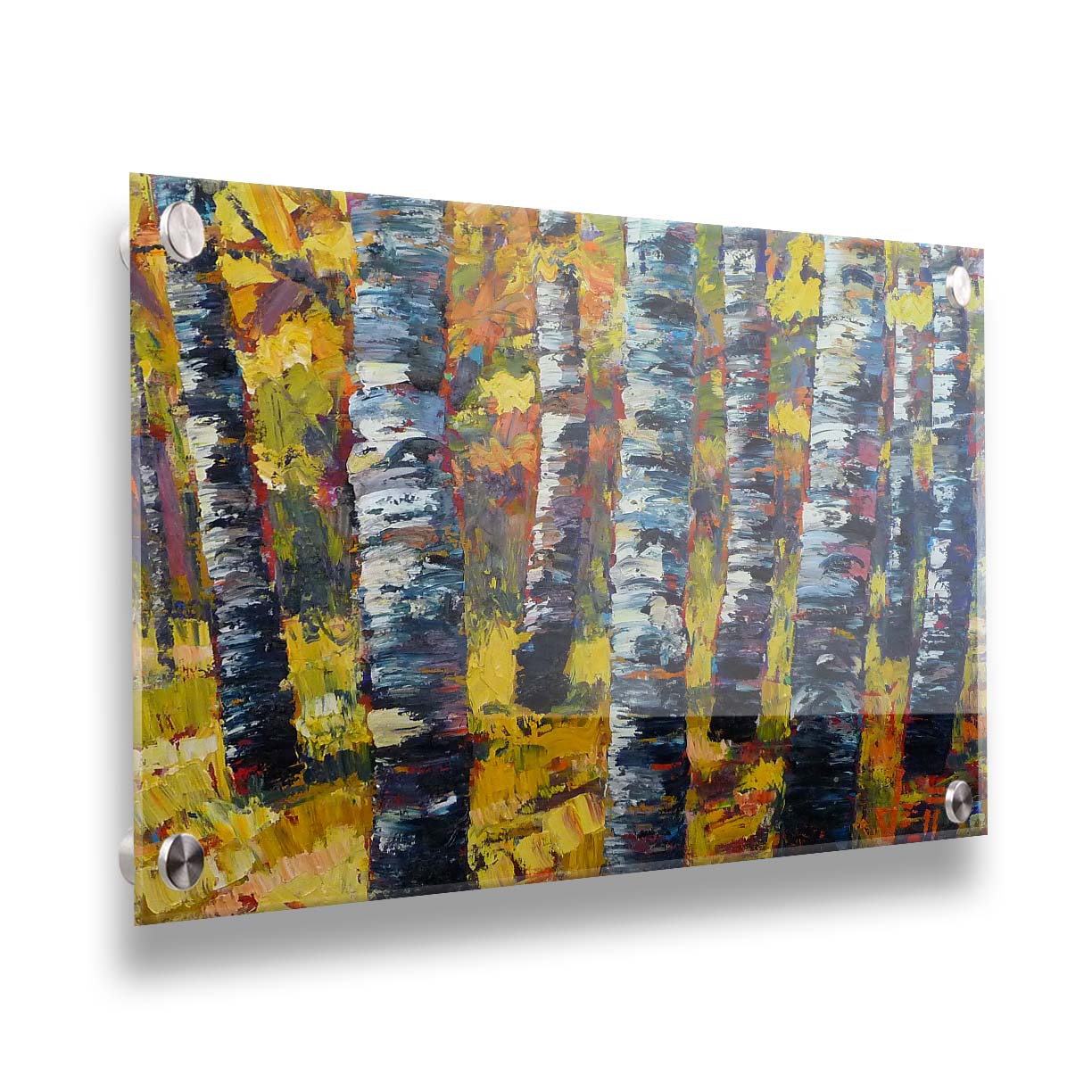 An expressive painting of a green birch forest accented with red and painted in large, blocky brushstrokes. Printed on acrylic.