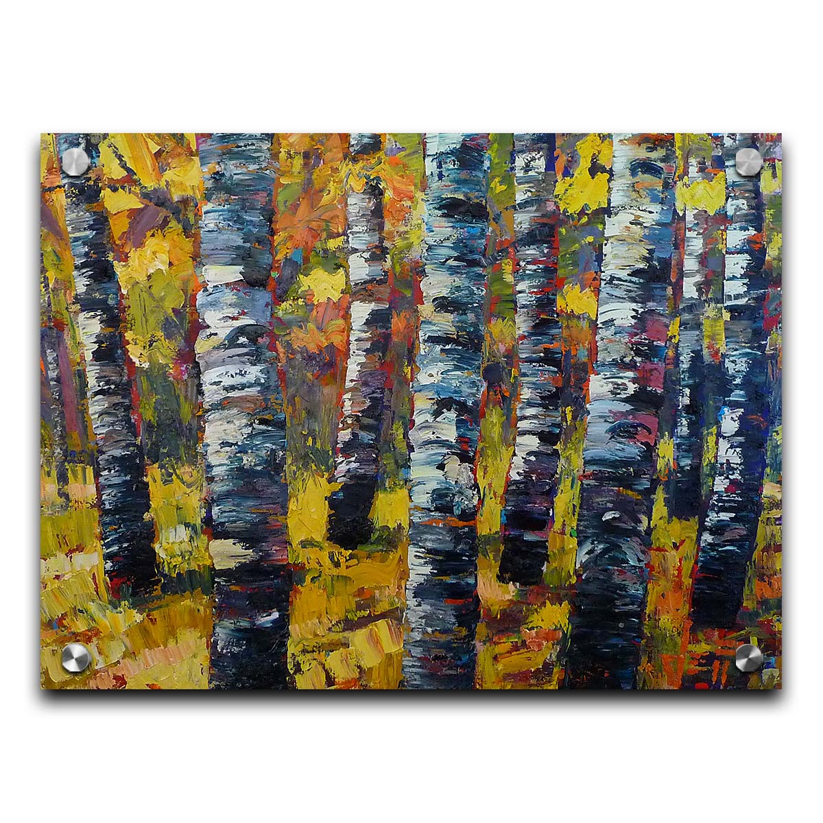 An expressive painting of a green birch forest accented with red and painted in large, blocky brushstrokes. Printed on acrylic.