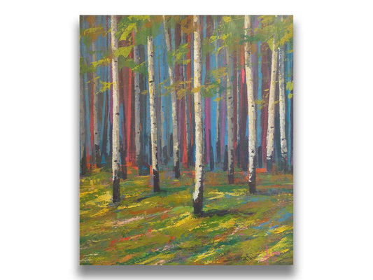 A painting of a white birch forest on verdant grass, with arbitrarily colored blue, red, and purple birches in the background. Printed on canvas.