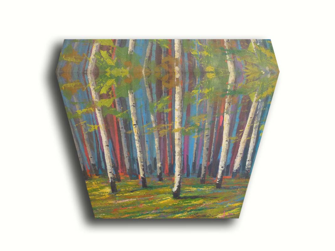 A painting of a white birch forest on verdant grass, with arbitrarily colored blue, red, and purple birches in the background. Printed on canvas.