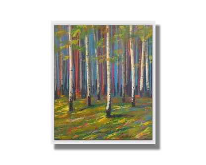 A painting of a white birch forest on verdant grass, with arbitrarily colored blue, red, and purple birches in the background. Printed on canvas in a float frame.