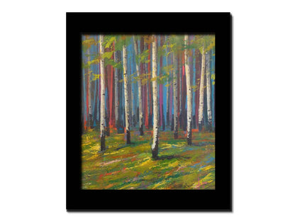 A painting of a white birch forest on verdant grass, with arbitrarily colored blue, red, and purple birches in the background. Printed on canvas and framed.