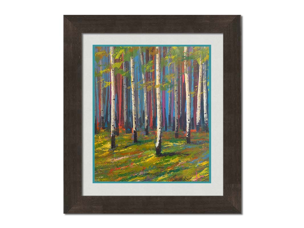 A painting of a white birch forest on verdant grass, with arbitrarily colored blue, red, and purple birches in the background. Printed on paper, matted, and framed.