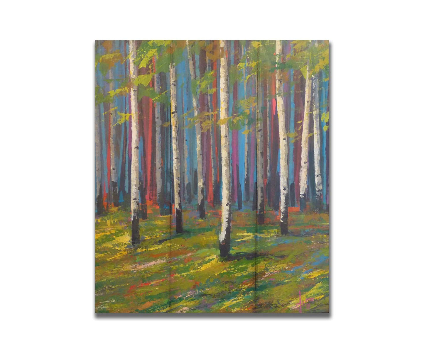 A painting of a white birch forest on verdant grass, with arbitrarily colored blue, red, and purple birches in the background. Printed on a box board.