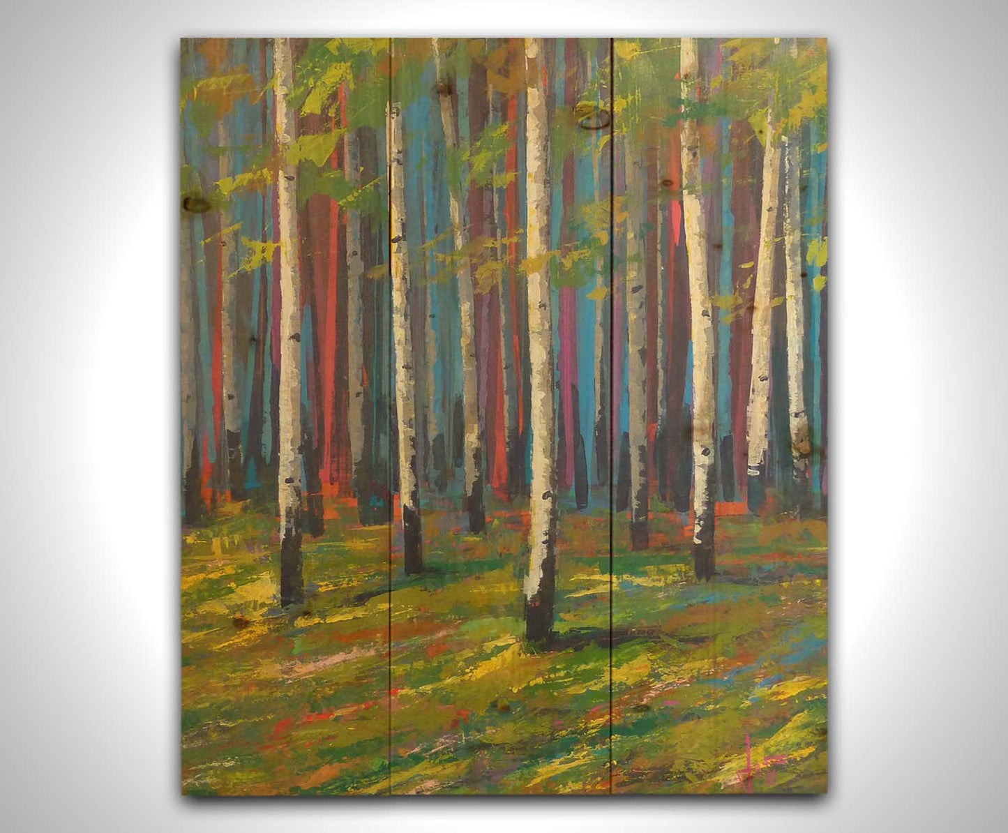 A painting of a white birch forest on verdant grass, with arbitrarily colored blue, red, and purple birches in the background. Printed on a wood pallet.