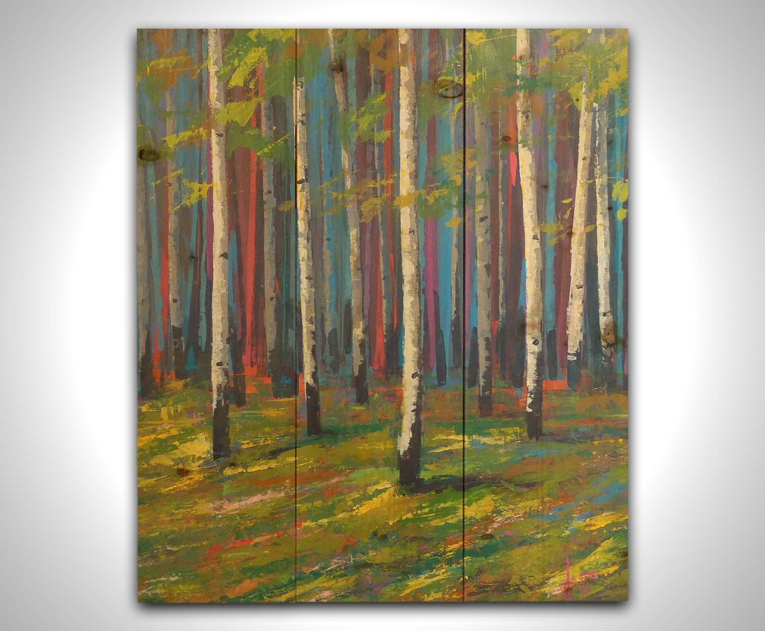 A painting of a white birch forest on verdant grass, with arbitrarily colored blue, red, and purple birches in the background. Printed on a wood pallet.