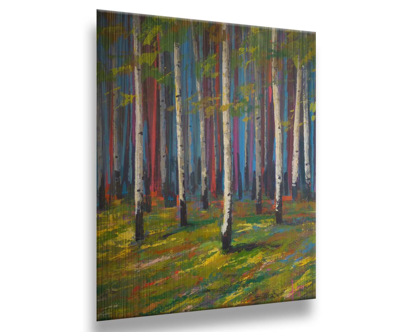 A painting of a white birch forest on verdant grass, with arbitrarily colored blue, red, and purple birches in the background. Printed on metal.